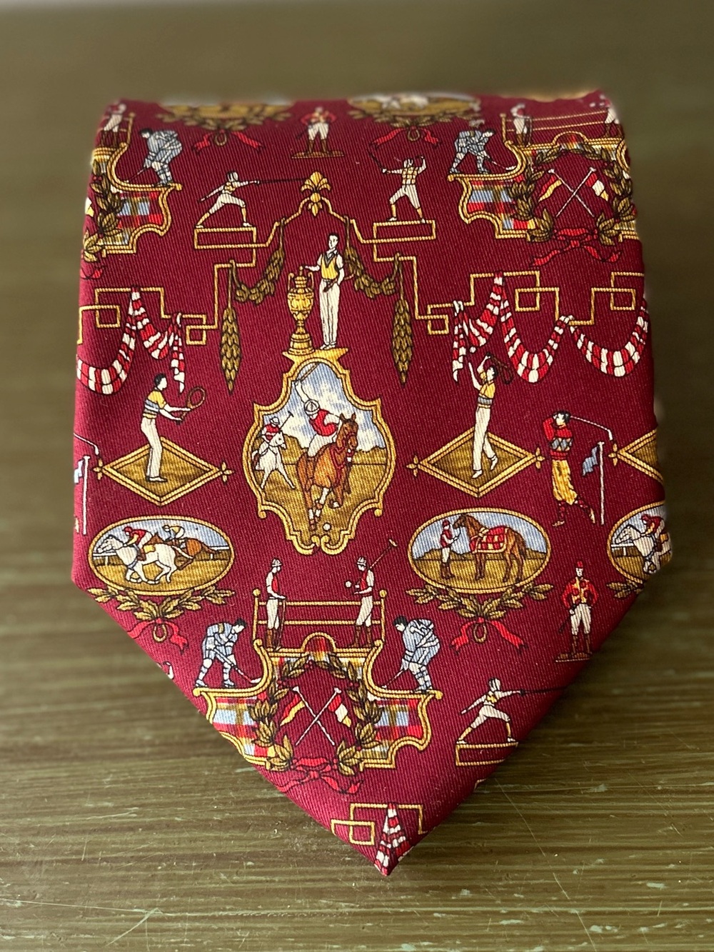 Salvatore Ferragamo VTG Jockey, Fencing, & Horses Whimsical Print Silk Tie!